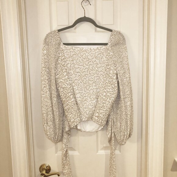 Anthropologie Surplice White Sequin Tie-Front Blouse, Large - Picture 9 of 12